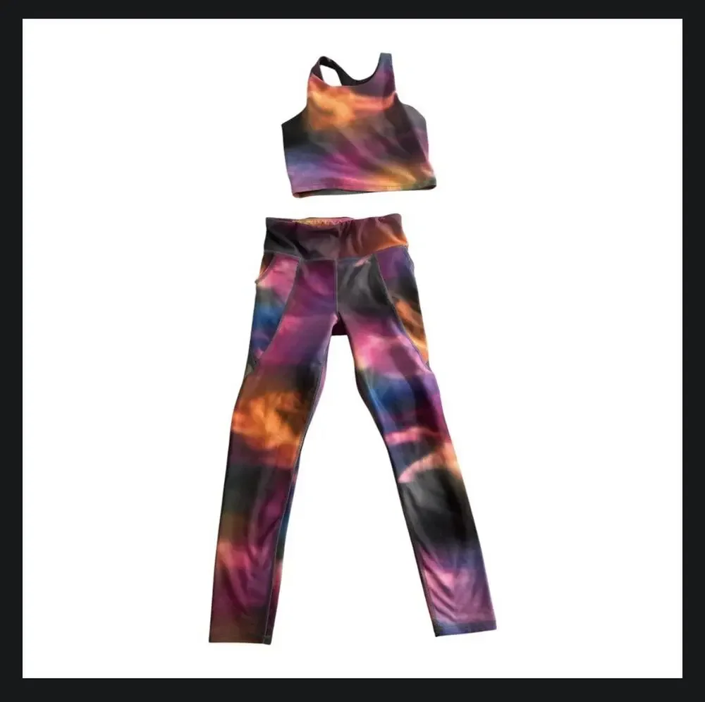 Old Navy Active PowerSoft Girls Large 10-12 High-Rise Tie Dye Leggings & Top Bra